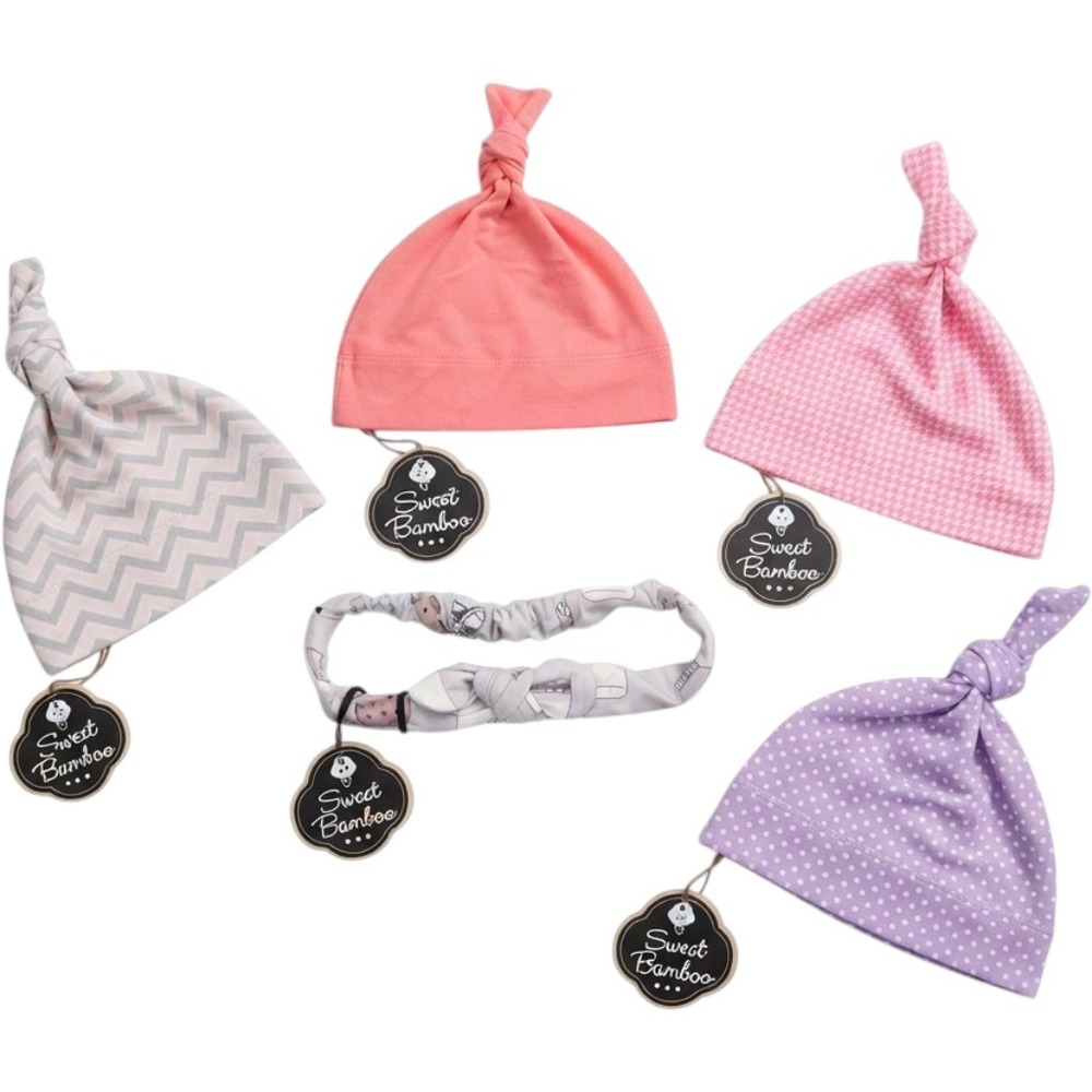 Sweet Bamboo Baby Top Knot Hat and Headband Lot 5pc Bamboo Pink Purple